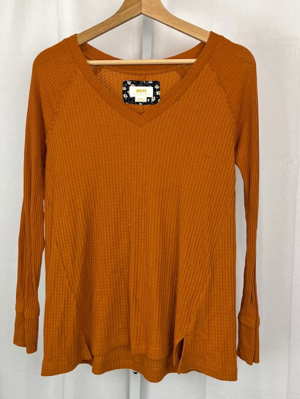 MAEVE Anthropologie Pearson Thermal Top V Neck Pullover Long Sleeve Orange S